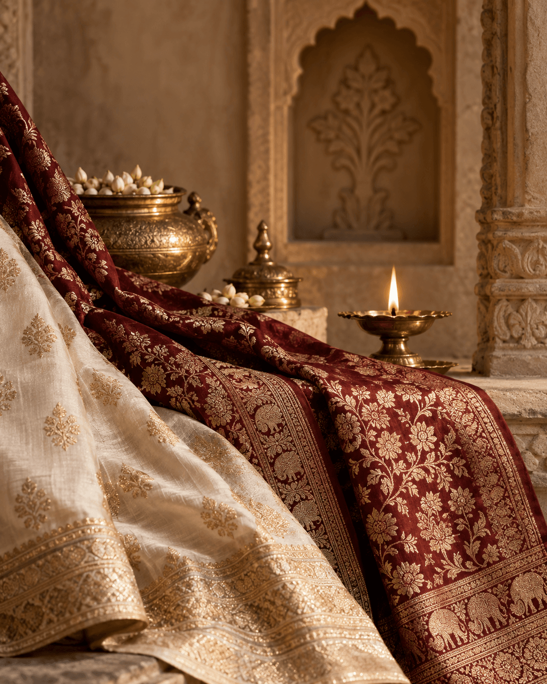 Editorial still life of ivory and wine brocade beside a brass diya