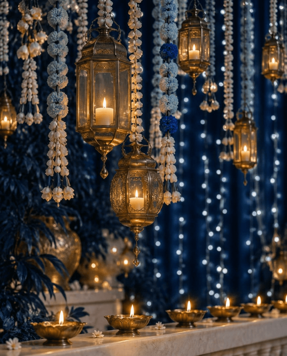 Brass lanterns and oil lamps glowing against indigo wedding decorations